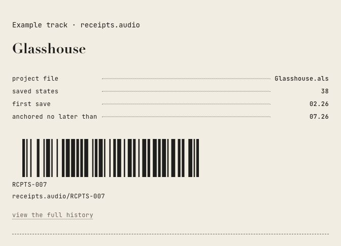 Glasshouse example receipt in My Tracks: project file, 38 saved states, first save, and a separate anchor date.